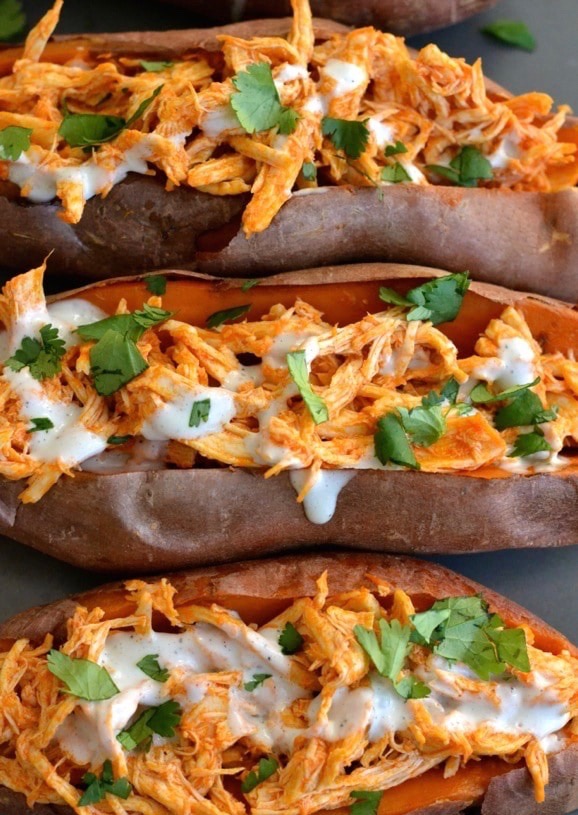 Buffalo Chicken Baked Sweet Potatoes